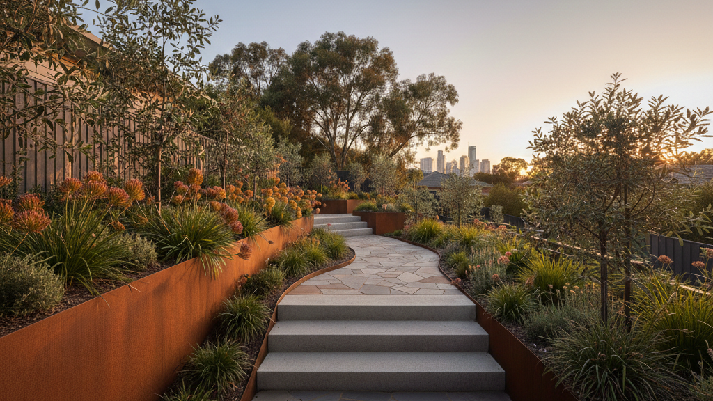 Garden pathway with plants and a city skyline in the background